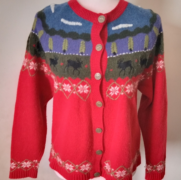 Alps Lamb wool Button Up Cardigan Sweater Women's Size L Deer Print - Picture 1 of 8